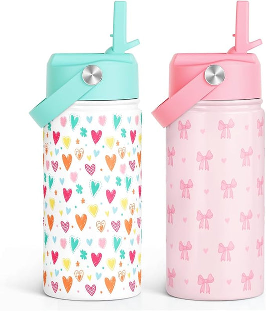 Kid Water Bottle 12oz with Straw Lid - 2-Pack Insulated Stainless Steel Water Bottles for Kids Girls - Travel Cup for School Sports, Bow & Heart