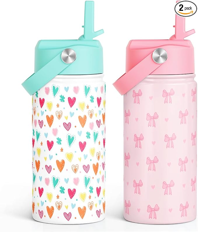 SANDJEST Kid Water Bottle 12oz with Straw Lid - 2-Pack Insulated Stainless Steel Water Bottles for Kids Girls - Travel Cup for School Sports, Bow & Heart