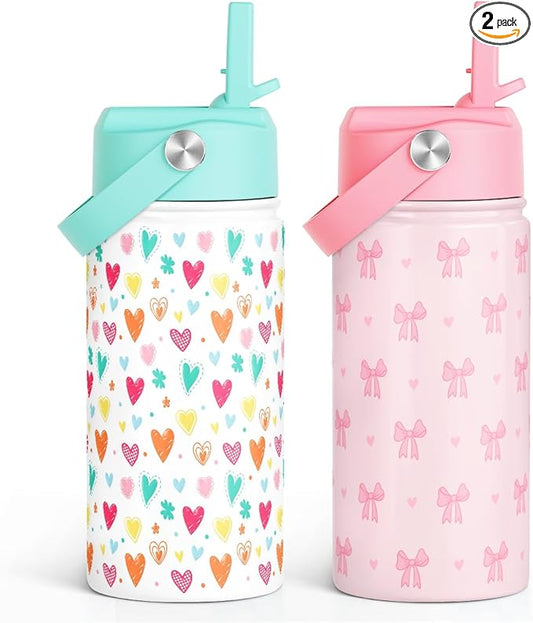 SANDJEST Kid Water Bottle 12oz with Straw Lid - 2-Pack Insulated Stainless Steel Water Bottles for Kids Girls - Travel Cup for School Sports, Bow & Heart
