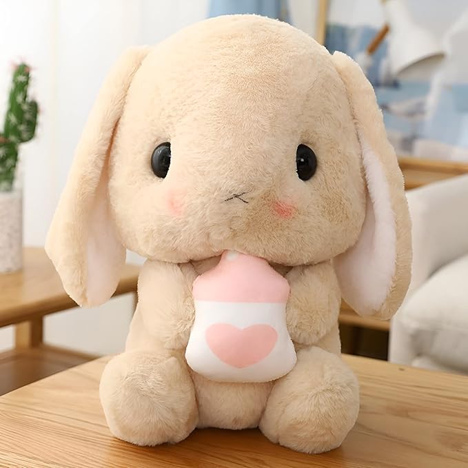 HOUPU Soft Toy - Sitting Lop Eared Rabbit, Easter White Rabbit Stuffed Bunny Animal with Carrot Soft Lovely Realistic Long-Eared Standing Pink Plush Toys (Brown-Milk Bottle,12.5in/32cm)