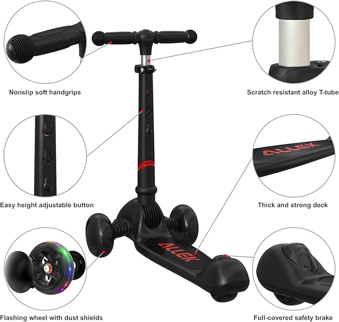 Allek Kick Scooter Foldable F02, 3-Wheel LED Flashing Glider and 4 Adjustable Height with Anti-Slip Thick Deck Push Scooter for Children 3-12yrs