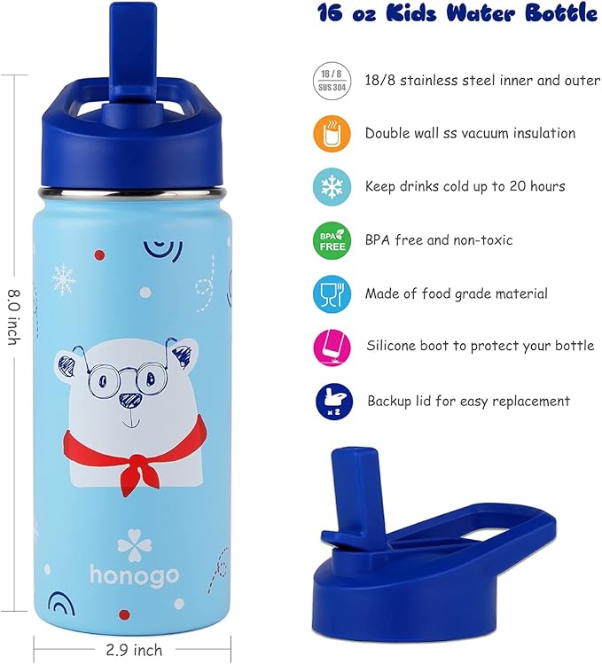 16 oz Stainless Steel Insulated Kids Water Bottle, Leak Proof Metal Thermal Flask with Straw lid, Cute Toddler Tumbler Cup for School Girls & Boys (Blue, Bear)