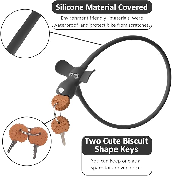 Bike Cable Lock with Keys,Silicone Covered Kids Cable Lock Cartoon Lock,2 Feet Lock for Bike,Door,Skateboard,Helmet and More (Black)