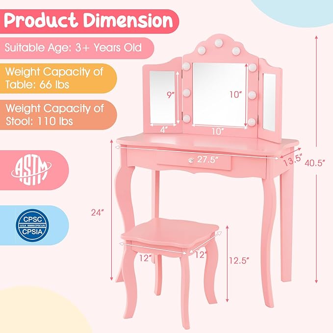 Costzon Kids Vanity, Girls Vanity Set with Mirror and Stool and Lights, Drawer, 2 in 1 Wooden Princess Makeup Desk Dressing Table, Toddler Vanity, Kids Vanity Table and Chair Set (Pink)