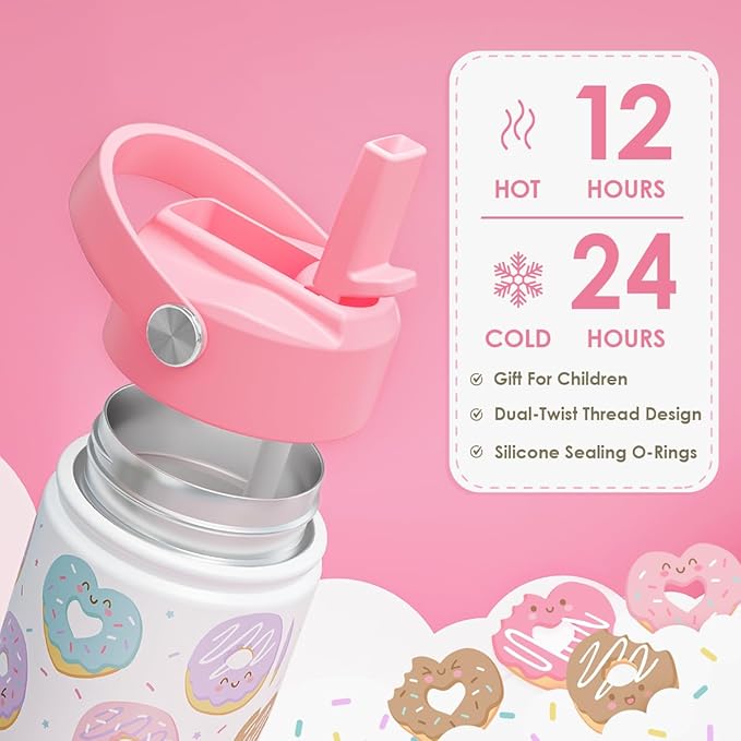 Donut Kids Water Bottle With Straw Lid 12oz Insulated Stainless Steel, Sprinkle Travel Tumbler, Gifts for Girls, Birthday, Christmas, Back To School