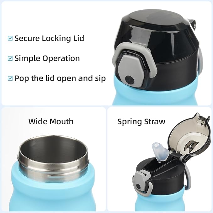 Insulated Water Bottle with Straw and Carry Loop,18 oz Stainless Steel Double Wall Vaccum Metal Water Flask with Leak-proof Lid,Sky