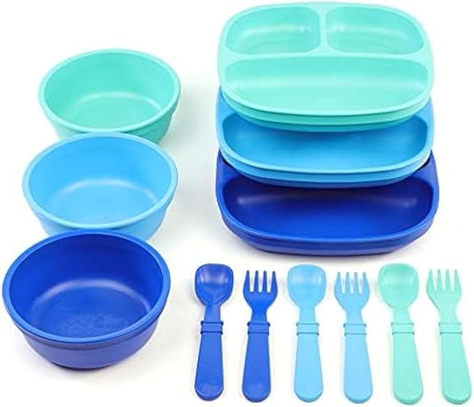 Re-Play 3x3 Divided Toddler Plates and Utensils Set - Toddler Forks and Spoons Set - Dishwasher and Microwave Safe - Made in USA - True Blue