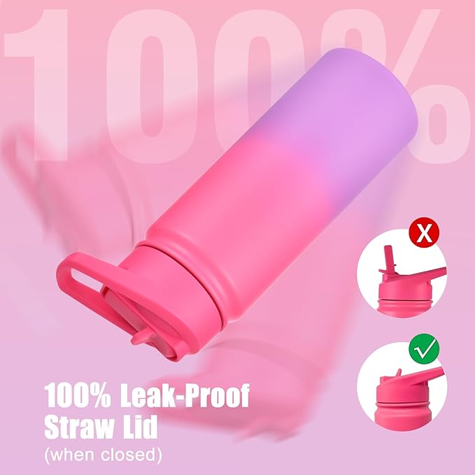 mininoo Girls Water Bottle for School, 16oz Stainless Steel Insulated Metal Water Bottle with Straw Lid for Boys (Punch/Purple)