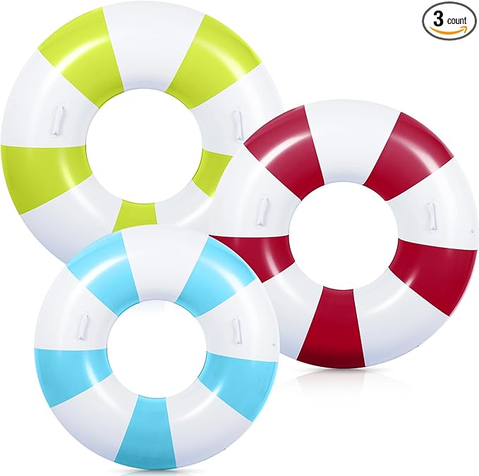 3 Pcs Large Swim Ring with Handles Set 47.24" 39.37" 35.43" Inflatable Pool Inner Tube Classic Striped Pool Ring Floats for Adults Teens Summer Lounger Beach Party Supplies