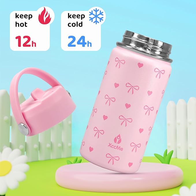 2Pack Kids Water Bottle With Straw Lid,14 oz Stainless Steel Travel Bottle,Double Wall Leak Proof Kids Cup,Insulated Tumbler for Toddlers,Metal Bottle for School Boys Girls(Bow+Dinosaur)