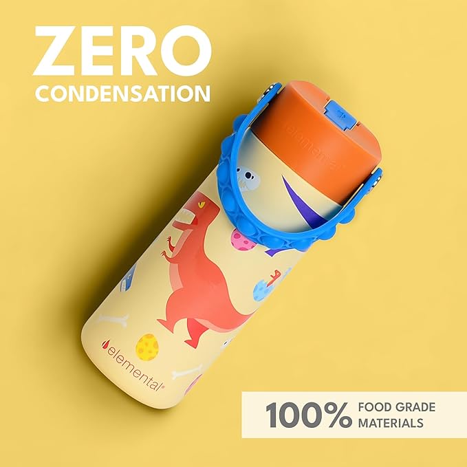 Elemental Insulated Kids Water Bottle, Stainless Steel Water Bottle with Straw Lid & Pop-It Handle, Leak-Proof Water Bottles for School, Boys or Girls, Travelling and Sports, 18oz - Dino Rage