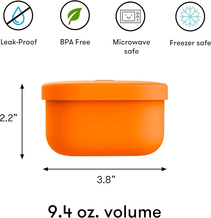 OmieBox Silicone Leakproof Snack Containers To Go, Food Storage Containers with Lid, School Lunch Bento Container - BPA Free, Airtight, Dishwasher and Freezer Safe, Oven Safe - 9.4 ounces (Orange)