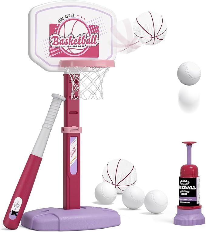 2 in 1 Kids Basketball Hoop and T Ball Set - Adjustable Height, Kids Baseball Tee with Automatic Pitching Machine, Indoor Outdoor Sport Toys Gifts for Toddler Boys Girls Age 1-5, Pink