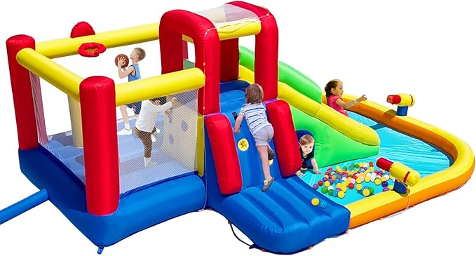 Bounce House Inflatable Water Slide for Kids, Water Park With Splash Pool, Double Cannon, 2 Climbing Walls, Obstacles, Blow Up Jumping Castle With Blower