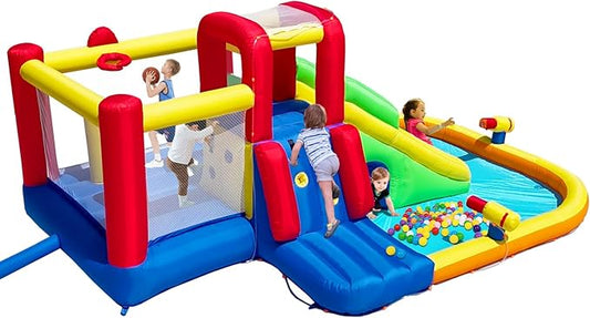 Bounce House Inflatable Water Slide for Kids, Water Park With Splash Pool, Double Cannon, 2 Climbing Walls, Obstacles, Blow Up Jumping Castle With Blower