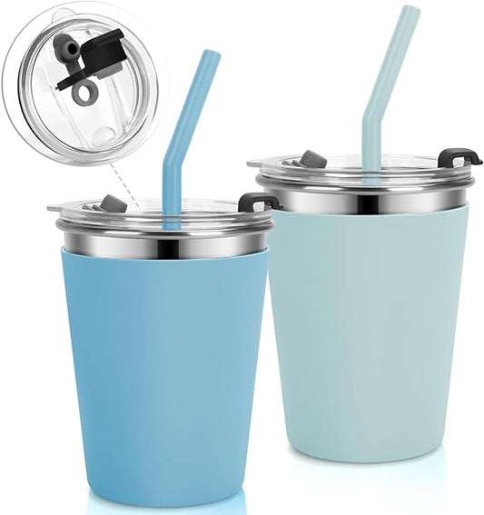 Stainless Steel Kids Cups with Lids and Straws Leakproof, 2 Pack 12oz Spill Proof Cups for Toddlers Kids Tumblers Unbreakable Sippy Cup with Straws for School, Outdoor (Blue & Green)