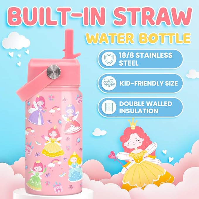 Princess Water Bottle for Girls - Kids Water Bottle with Straw Lid - 12 Oz Insulated Stainless Steel Water Bottles for Kid - Travel Cup for School Sports