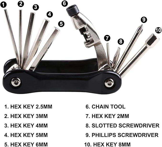 YBEKI Bike Tyre Repair Tool Kit - Bicycle Tool kit with 210 Psi Mini Pump 10-in-1 Multi-Tool with Chain Breaker, Tyre Levers &Tire Patch, Bone Wrench, 1 Portable Bag