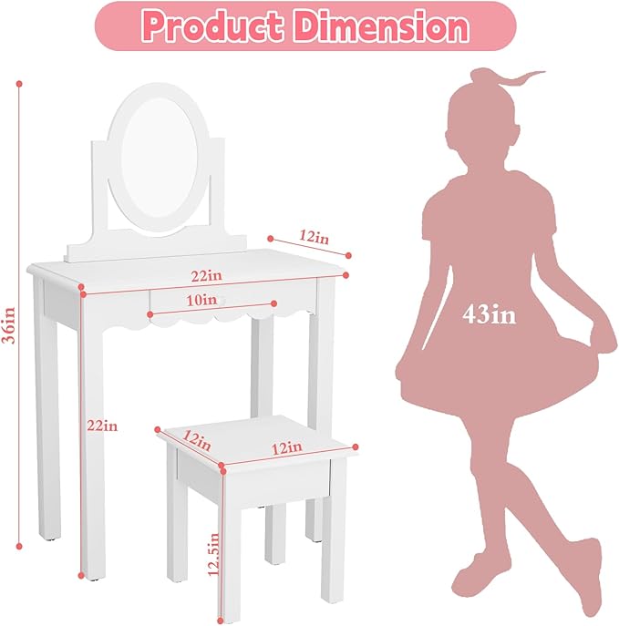 HLR Kids Vanity, Girls Vanity Set with Mirror and Stool, Wooden 2 in 1 Princess Makeup Desk Dressing Table with Detachable Top, Toddler Vanity Dresser Set with Drawer for Little Girls, White
