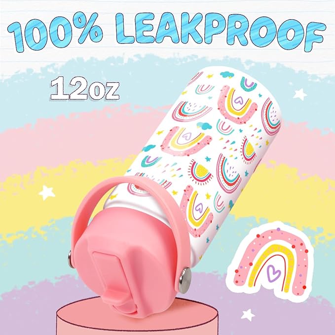 Rainbow Kids Water Bottle With Straw Lid 12oz Insulated Stainless Steel, Travel Tumbler, Gifts For Girls, Birthday, Christmas, Back To School