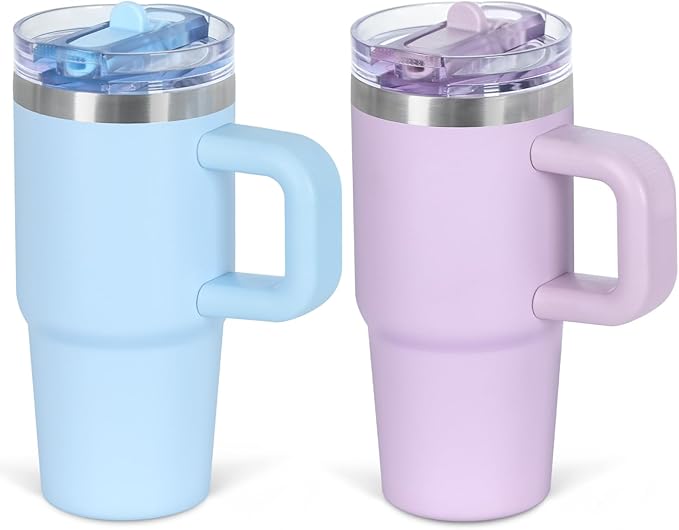 Cosictic 14 Oz Flip Straw Tumbler with Handle for Kids, Stainless Steel Double Wall Insulated Cup for Children with Flip Top Lid, 14 Oz Leak-proof Cups for Kids, Sky Blue and Purple