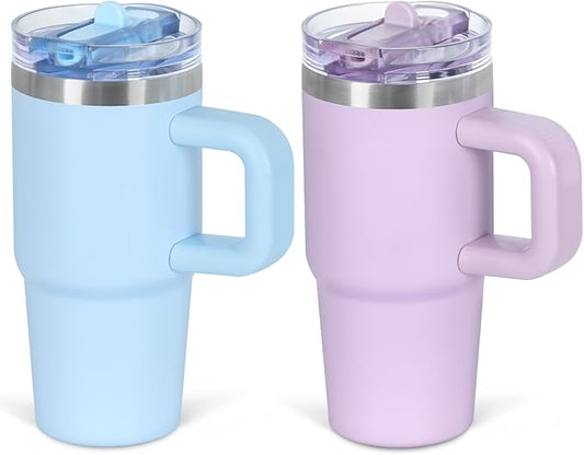 Cosictic 14 Oz Flip Straw Tumbler with Handle for Kids, Stainless Steel Double Wall Insulated Cup for Children with Flip Top Lid, 14 Oz Leak-proof Cups for Kids, Sky Blue and Purple