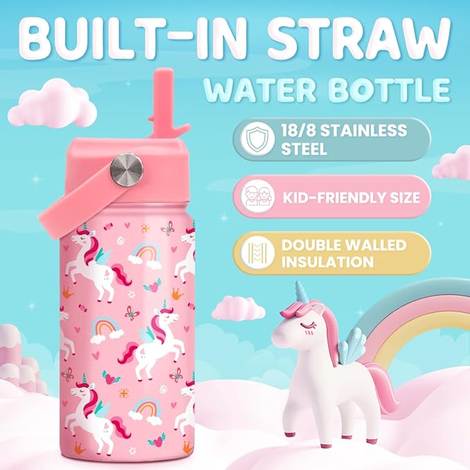 Unicorn Water Bottle for Girls - Kids Water Bottle with Straw Lid - 12 Oz Insulated Stainless Steel Water Bottles for Kid - Travel Cup for School Sports