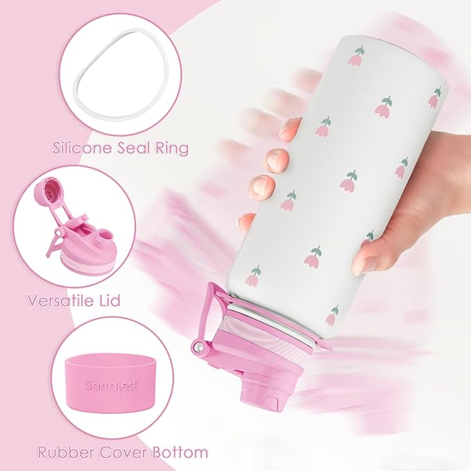 Tulip Stainless Steel Water Bottle with Strap 32oz, Insulated Bottles with Straw and Spout Lid for Gym Sports Travel Outdoor, Gifts for Women Girls Birthday Christmas