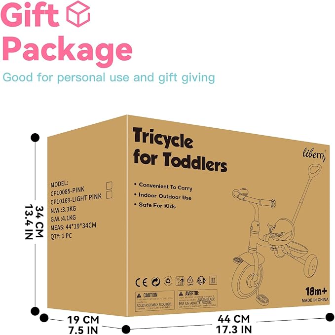 Liberry 2 in 1 Toddler Tricycle Age 2 3 4 Years Old, Kids Trike with Adjustable Push Handle, Bell & Basket, 3 Wheel Bike Riding Toy Birthday for Girls Boys, Pink