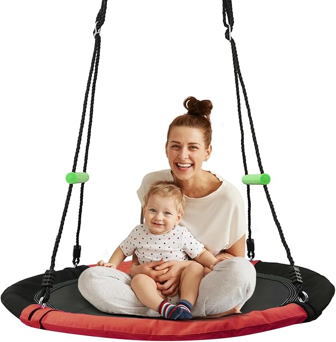 Black Round Saucer Swing with Handles -Made of Sturdy Frame,PP Mat,Adjustable Multi-Strand Ropes,Safe and Durable for Yard Garden Playground Park (Black and Red, 40 inches)