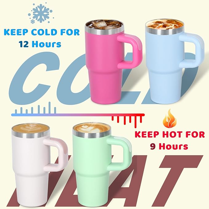 Cosictic 14 Oz Tumbler with Handle and Straw for Kids, Stainless Steel Double Wall Vacuum Insulated Cup for Children, 14 Oz Cups for Kids (Hot Pink)