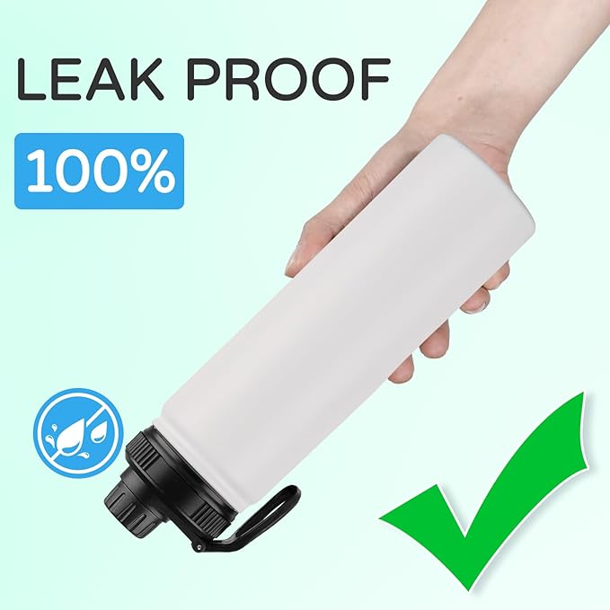 DOMICARE Insulated Water Bottle, 22 oz Vacuum Insulated Stainless Steel Reusable Sports Bottle with Straw Lid & Spout Lid for Travel, Camping, Bike, Leakproof, White, 4 Pack