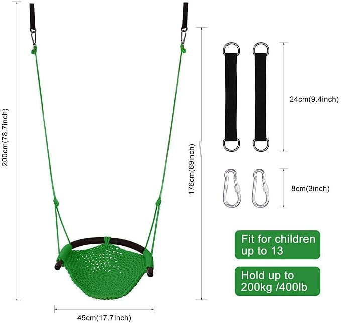 JKsmart Swing Seat for Kids Heavy Duty Rope Play Secure Children Swing Set,Perfect for Indoor,Outdoor,Playground,Home,Tree,with Snap Hooks and Swing Straps,440 lbs Capacity,Green