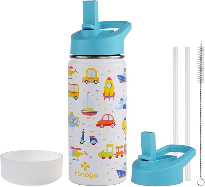 16 oz Stainless Steel Insulated Kids Water Bottle, Leak Proof Metal Thermal Flask with Straw lid, Cute Toddler Tumbler Cup for School Girls & Boys (White, Vehicle)
