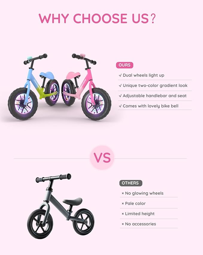 Lilian&Gema Toddler Balance Bike Colorful Lighting, 12'' Kids Balance Bike for 2-5 Years Old with Adjustable Seat & Handlebar, Toddler Gift Bike Suitable for Boys and Girls Ages 2 3 4 5