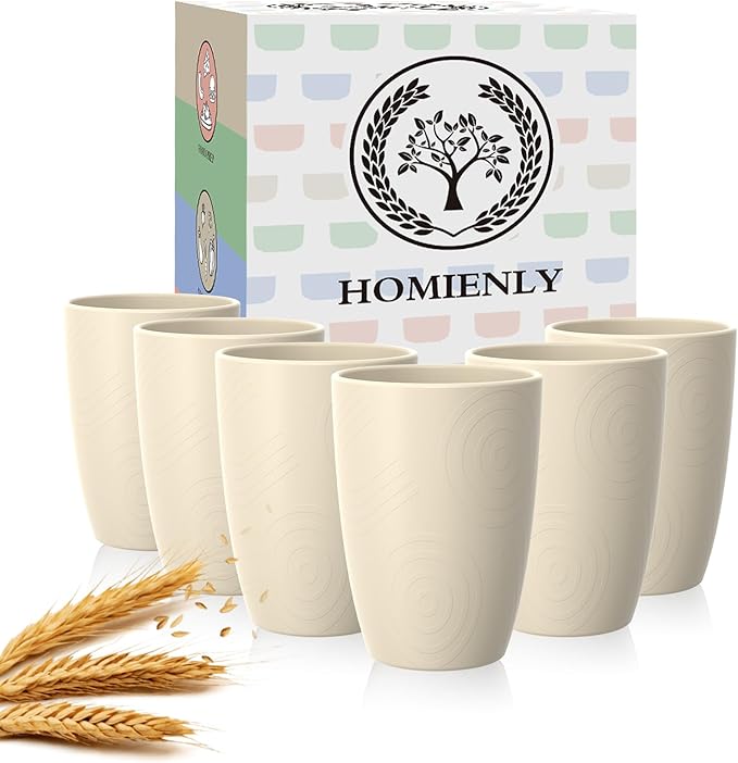 Homienly Wheat Straw Cups, Drinking Glasses Set of 6, 16 OZ Cups for Kitchen, Kids, Camping, Party, Unbreakable Microwave and Dishwasher Safe Water Tumblers, Stackable Plastic Cups-Beige