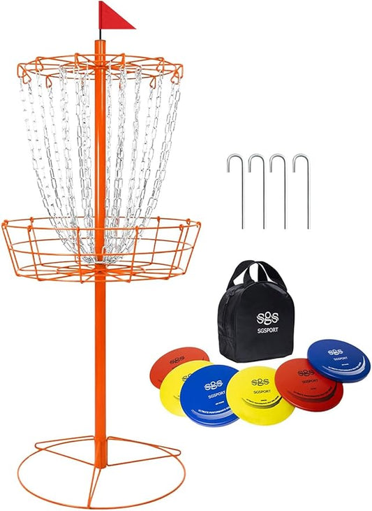 Disc Golf Basket - Portable Disc Golf Target with Heavy Duty 24-Chains Come with 6pcs Disc Golf Discs and Carry Bag, Ground Stake -Suitable for Players of All Levels - Multi Color Available