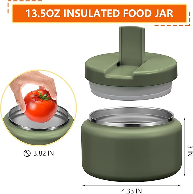 13.5oz Kids Jar for Hot Food, Insulated Vacuum Food Jar with Buckle Lid, Stainless Steel Wide Mouth Leak Proof Insulated Lunch Container for School Picnic Travel, Green