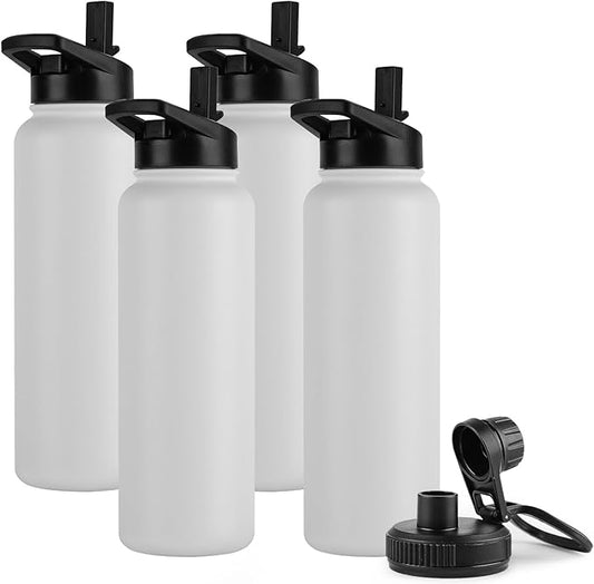 DOMICARE 40 oz Insulated Water Bottle Bulk, Vacuum Insulated Stainless Steel Sports Water Bottle with Straw Lid & Spout Lid, Leakproof, Reusable - Travel, Camping, Bike, White (4 Pack)