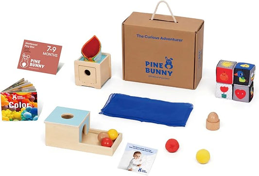 Pine Bunny Montessori Wooden 10-in-1 Toy Set for 7+ Months, Object Permanence Box, Egg and Cup, Tissue Box, Fabric Blocks, Scarf, Educational Learning Sensory Development Fine Motor Skills Baby Toys