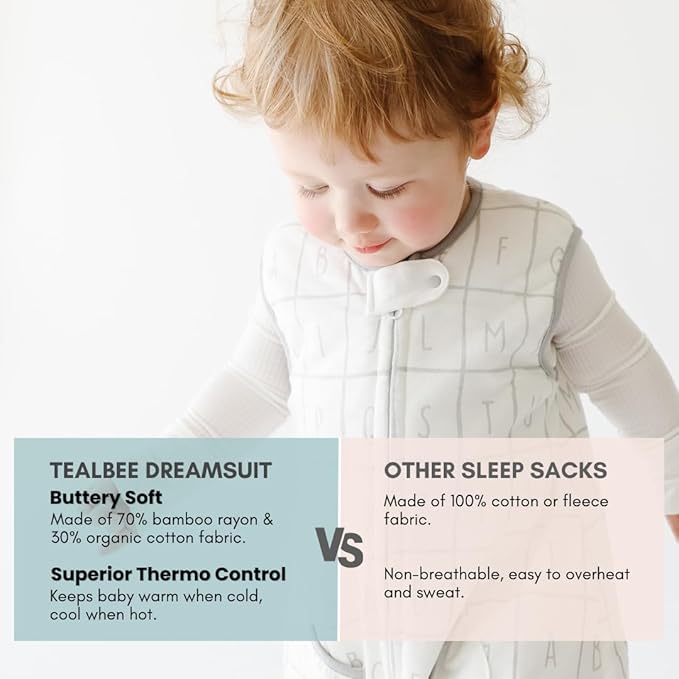 Tealbee Dreamsuit Toddler Sleep Sack with Feet – Walker Sleep Bag with Legs, Rayon made from Bamboo, All Season 1.2 TOG, 2-Way Zipper, 12m-2T - Alphabet