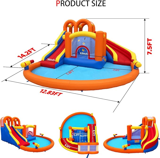 14.2x12.8FT Inflatable Water Park, Giant Slide Bounce House With 2 Long Slides, Thrilling Climbs, Trampoline and Big Splash Pool - 650W Air Blower Included