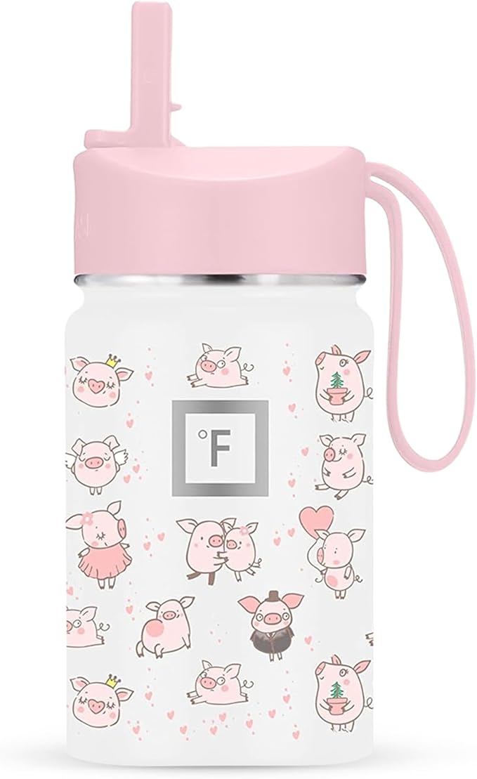 IRON °FLASK Kids Water Bottle - Straw Lid, 20 Name Stickers, Vacuum Insulated Stainless Steel, Double Walled Tumbler Travel Cup, Mug - Piggy Time, 10 Oz