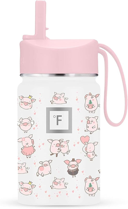 IRON °FLASK Kids Water Bottle - Straw Lid, 20 Name Stickers, Vacuum Insulated Stainless Steel, Double Walled Tumbler Travel Cup, Mug - Piggy Time, 10 Oz