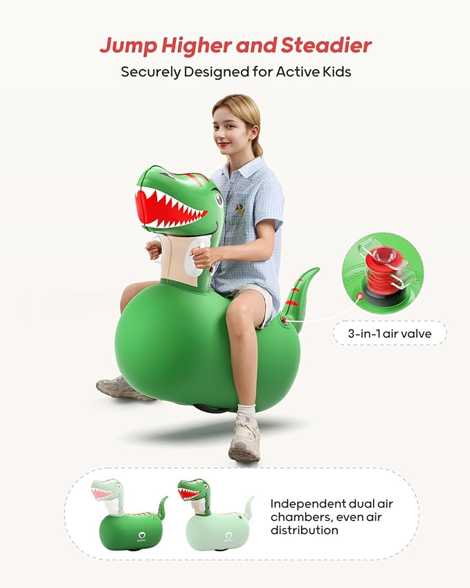 QPAU Inflatable Bouncy Dinosaur Toys 2 PCS with Hand Pump, Heavy Duty Giant Bouncy Pal, 220lbs Load Capacity, Ride On Bouncy Animal Hopper Toy, Indoor Outdoor Bouncers for Kids Girls Boys Ages 5+