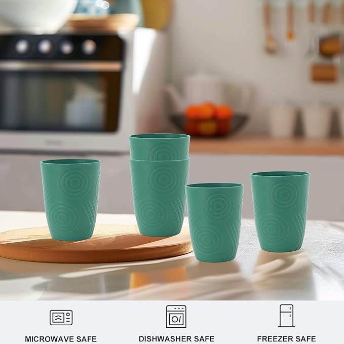 Glasses Drinking Set 6 PCS - Wheat Straw Cups Lightweight Plastic Cup Set 12 OZ Unbreakable Cups Microwave and Dishwasher Safe Water Tumbler, Kitchen Cup for Picnics, Camping, RV - Green