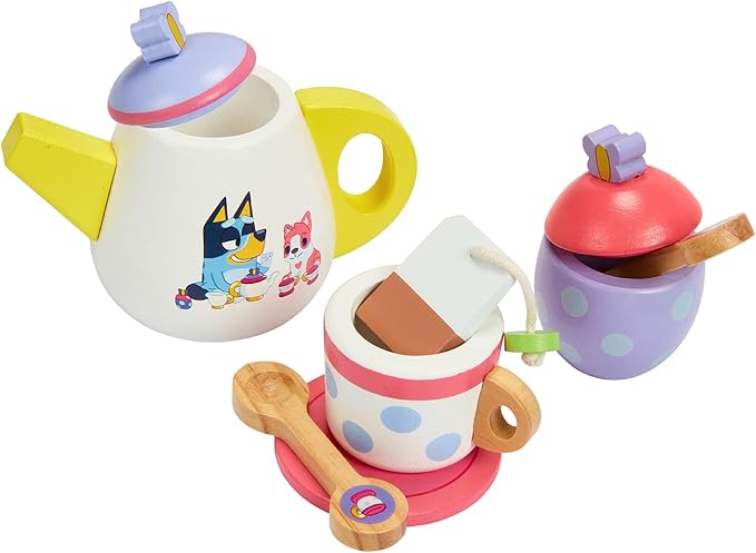 Bluey Wooden Tea Party Set – 18 PC Pretend Play Set with Tray, Teapot, Tea Cups, Biscuits, Sugar Pot, Notepad & Pencil- Durable, Eco-Friendly FSC Certified Wood – Imaginative Role Play Toy for Kids 3+
