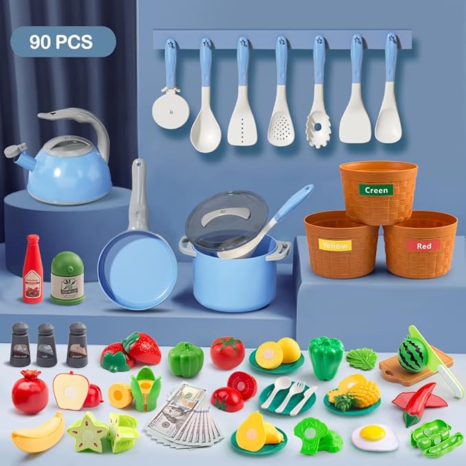 90Pcs Kitchen Playset Accessories, Pretend Cooking with Pots, Pans, Cookware, Food, Fruit, Veges, Color Sorting Baskets, Prop Money, Learning Gift for Girls Boys Toddlers (Blue)