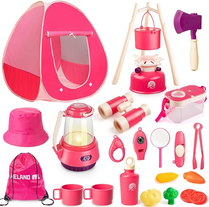 Meland Kids Camping Set for Girls - Camping Tent Toys for Girls Indoor Outdoor Pretend Play, Christmas Birthday Gift Idea for Toddler Girls Age 3,4,5,6 Year Old