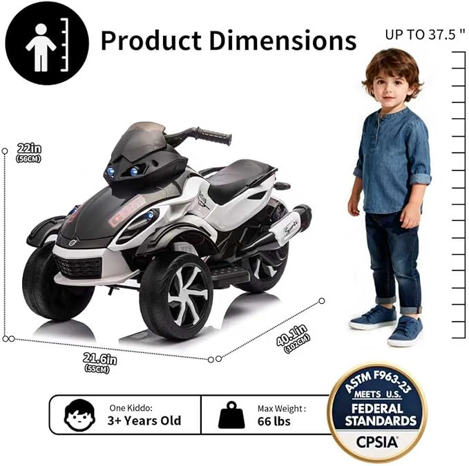 Xinyonxin 12V Kids Electric ATV, 3-Wheeler Motorcycle Ride on Toys for Toddlers w/Music, LED Lights, USB, One-Button Start, Forward/Reverse, Electric All-Terrain Car, Gift for Age 3+ (White)